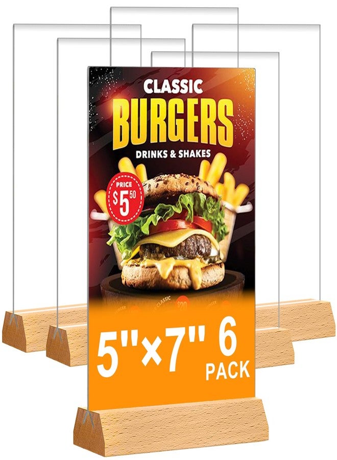 DunGu 5x7 Acrylic Sign Holder - T Shape Clear Flyer Holder with Wood Base, 6 Pack Double Sided Picture Frames, Plastic Table Menu Display Stand for Wedding, Office, School, Restaurant - Image 1
